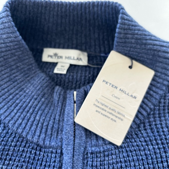 Peter Millar Pima Cotton and Merino Wool Waffle Knit Blue Quarter Zip Sweater M - Picture 3 of 4